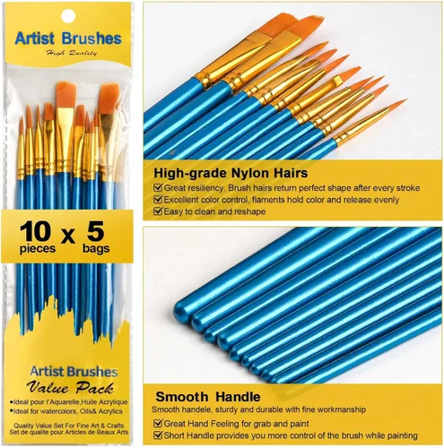 Miniatura 3 de Juego de pinceles de pintura acrílica, 50 unidades, pinceles de artista de punta redonda y puntiaguda para pintura acrílica, acuarela, lienzos, Azul