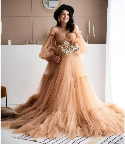 Miniatura 6 de Vestido de maternidad de tul para sesión de fotos, vestidos de maternidad de verano con hombros descubiertos para baby shower, vestidos de embarazo