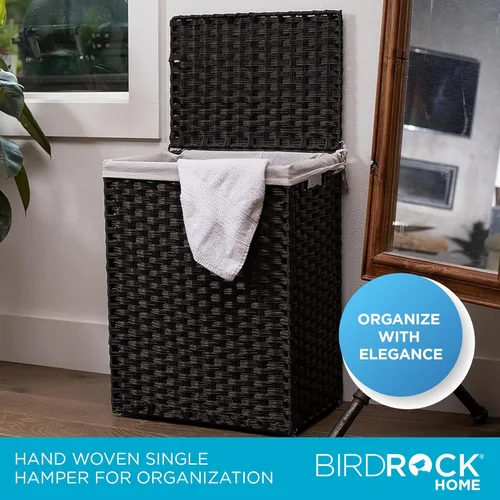 Miniatura 4 de BIRDROCK HOME Cesta de ropa delgada de 22" con bolsa extraíble Gris Tejida a mano Cesta de ropa compacta y plegable Ratán sintético de PE
