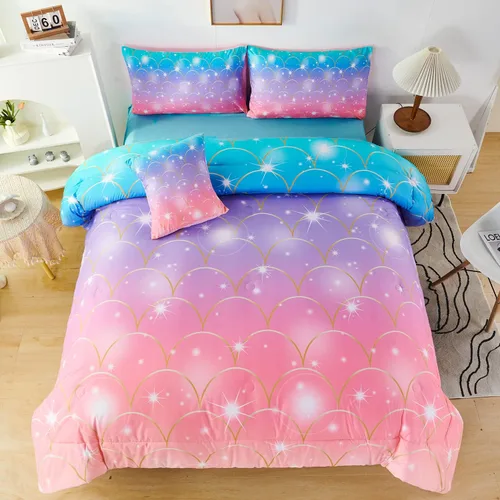 Miniatura 21 de PERFEMET Juego de edredón de tamaño completo para niñas, 6 piezas, rosa verde degradado arcoíris, juego de ropa de cama colorido tie dye con Azul