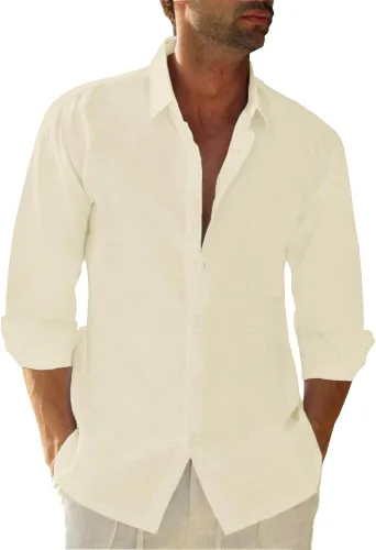 Miniatura 14 de JEKAOYI - Camisas de lino con botones para hombre, de manga larga, ajuste regular, de algodón, camisas de playa con bolsillo