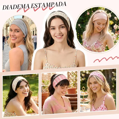 Miniatura 5 de obeoby Diademas bohemias para mujer, paquete de 8 diademas con estampado floral rosa, antideslizantes, para niñas, para el día de San Valentín