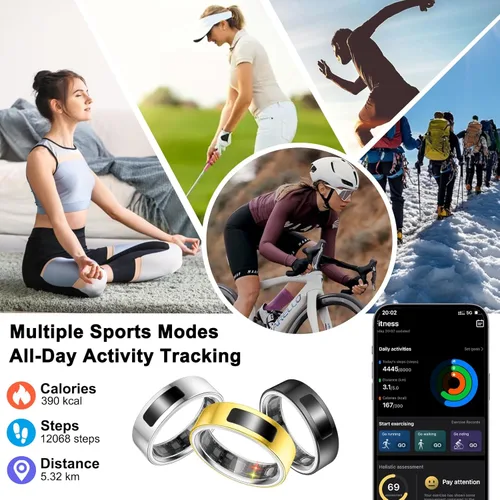 Miniatura 4 de uaue Anillo inteligente de salud para mujeres y hombres, alerta de vibración, control táctil, anillo de seguimiento de fitness con sueño/salud