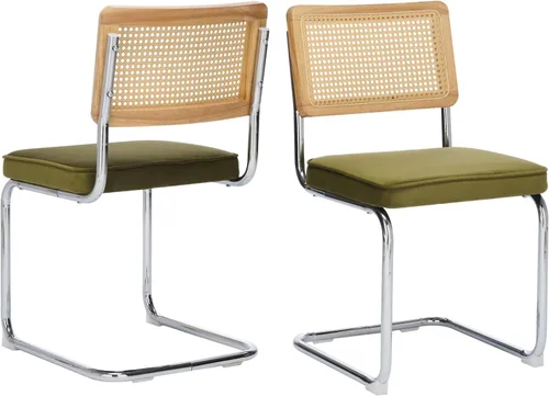 Miniatura 19 de Juego de 2 sillas de comedor de ratán, sillas de comedor modernas tapizadas de mediados de siglo con respaldo de caña, sillas de cocina de Beige