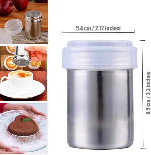 Miniatura 5 de Coctelera de azúcar en polvo con tapa, de acero inoxidable, de malla fina, canela, azúcar glaseada, harina de cacao, chocolate, café, tamizador