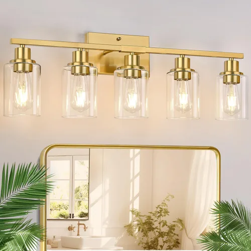 Miniatura 31 de Indoi Lámparas de baño de 4 luces, luces de tocador de níquel cepillado con pantallas de vidrio transparente, moderna lámpara de pared de baño