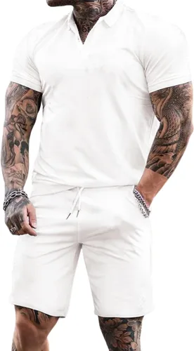 TURETRENDY Conjunto de camisa polo y pantalones cortos para hombre, traje de polo de manga corta casual de 2 piezas, trajes de verano con botones
