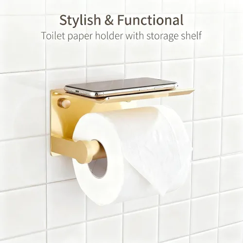 Miniatura 2 de YOUDA Soporte de papel higiénico dorado con estante de montaje en pared, autoadhesivo, sin taladro ni tornillo, aluminio resistente al óxido, ahorro