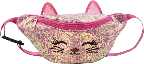 Riñonera con lentejuelas con purpurina para niñas, cinturón ajustable, lindo gato, deportivo, bolsa de viaje para niños y adolescentes