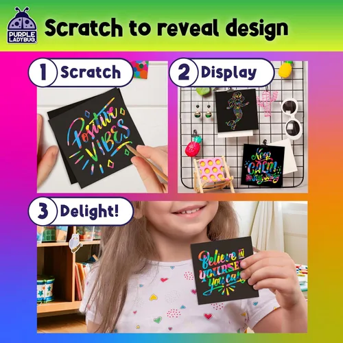 Miniatura 4 de Mininotas raspables: 150 hojas negras con holograma de brillo plateado o arco iris para niños, hojas para arte y manualidades y garabateo. Incluye