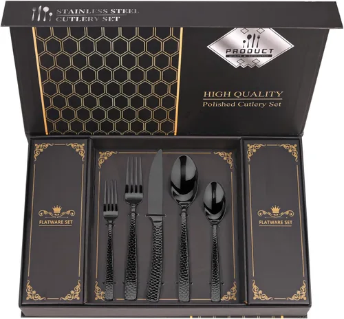 Miniatura 10 de Juego Retro Royal Negro de Cubiertos MIKIWAY con Caja de Regalo, 20 Piezas de Servicio de Cubiertos de Acero Inoxidable para 4, Juego de Vajilla