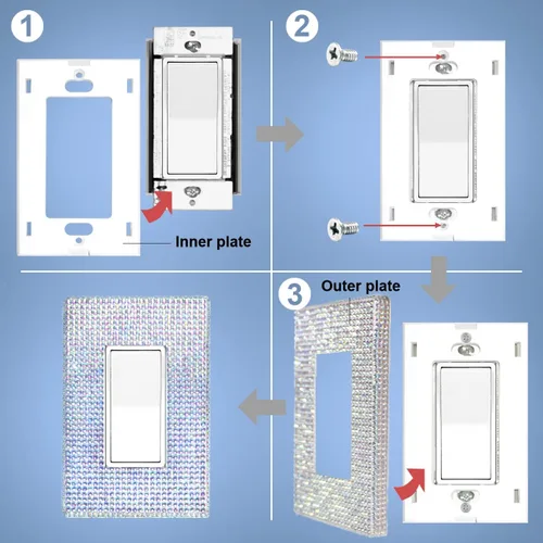 Miniatura 3 de NEU Decoración sin tornillos, con diamantes de imitación brillantes, cubierta de salida de 1 banda para interruptor de luz, sensor, GFCI