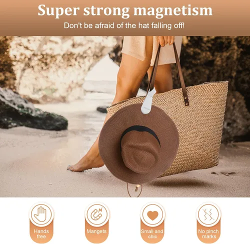 Miniatura 24 de Clip magnético para sombrero para viajes, 2 soportes de silicona color caqui claro para bolsos, bolsos, equipaje y sombreros de playa, clip