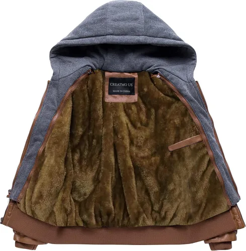 Miniatura 2 de CREATMO US Chaqueta de piel sintética para hombre, impermeable, resistente al viento, PU con capucha extraíble