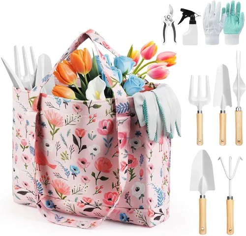 Grenebo Herramientas de Jardinería, Juego de Regalo de Jardinería de 10 Piezas para Mujeres, Herramientas Antióxido y Resistente con Bolsa Rosa