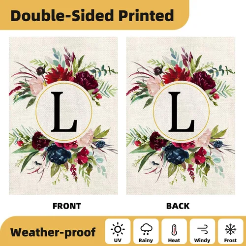 Miniatura 4 de Banderas de jardín con monograma de letra L, bandera de jardín de verano de 12 x 18 pulgadas, banderas florales de doble cara para patio, bandera