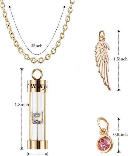 Miniatura 20 de PREKIAR Collar de urna de cremación para cenizas en forma de reloj de arena con dije de recuerdo 12 piedras de nacimiento y un ala de ángel