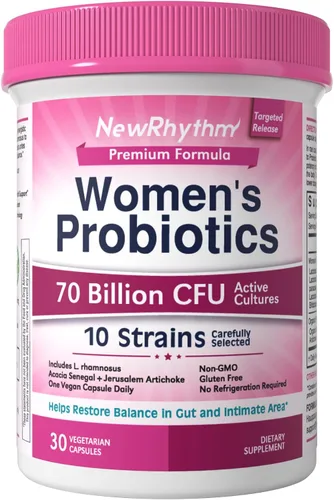 NewRhythm Probióticos para mujeres, prebióticos orgánicos, 70 mil millones de UFC, 10 cepas, probióticos vaginales para la salud urinaria y