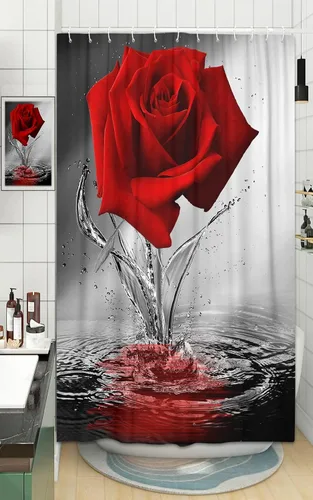 Miniatura 24 de JAWO Cortina de ducha con diseño de rosas, románticas flores y rosas rojas reflejadas en el agua, cortina de baño de tela, cortina de baño negra