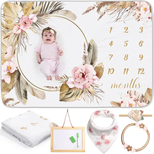 Miniatura 10 de Chumia 6 Piezas Manta de Hitos Mensuales para Bebé Niña 60" x 40" Manta de Hitos de Mariposa Edad Foto Fondo de Fotografía con Calendario para Rosa