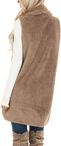Miniatura 4 de ReachMe Chaleco de sherpa sin mangas para mujer con bolsillos con solapa frontal abierto de forro polar, suéter mullido