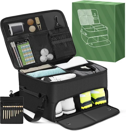 Miniatura 2 de Organizador de maletero de golf para coche SUV con compartimento para zapatos y divisor Bolsa de almacenamiento de golf de 2 capas para bolas