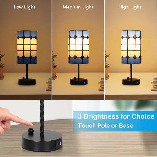 Miniatura 3 de Lámpara De Mesa De Vidrio Manchado Con Puerto USB, Lámpara De Escritorio Tiffany De 3 Vías Regulable Con Control Táctil Y Bombillas, Lámpara Vintage
