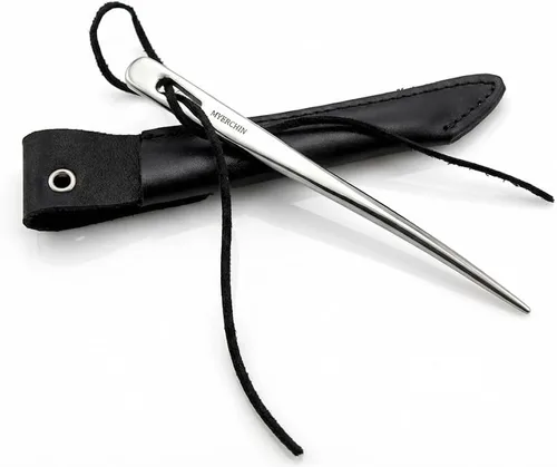 Myerchin A009 Professional Marine Marlinspike - Herramienta de empalme de acero inoxidable sólido con funda de cuero genuino y correa de cordón