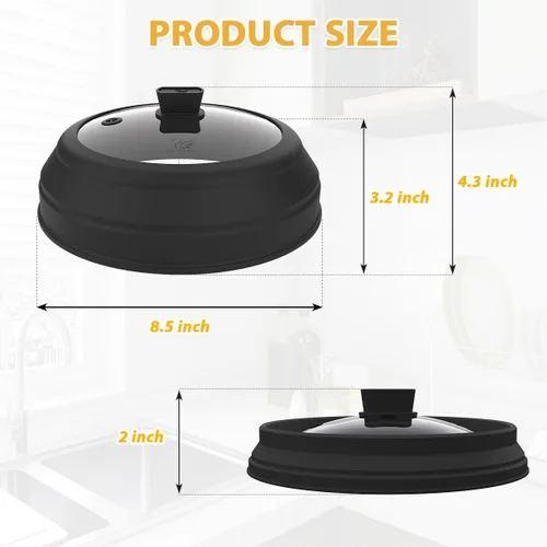 Miniatura 3 de Tapa protectora contra salpicaduras de microondas, cubierta de vidrio con silicona plegable para cubiertas de platos de 8.5 pulgadas, color negro