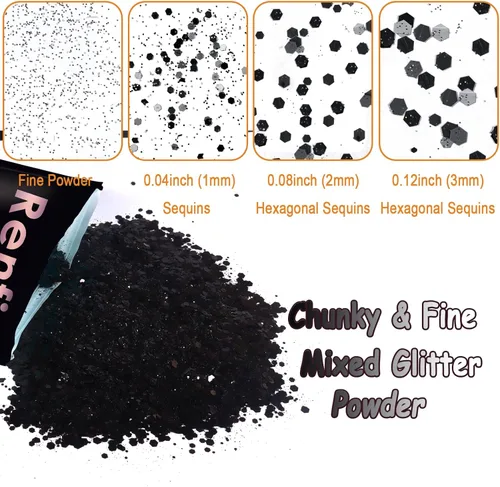 Miniatura 4 de Renfio Purpurina gruesa negra, 100 g (3.5 oz) mezcla de polvo fino brillante con lentejuelas iridiscentes para el rostro, purpurina para Halloween