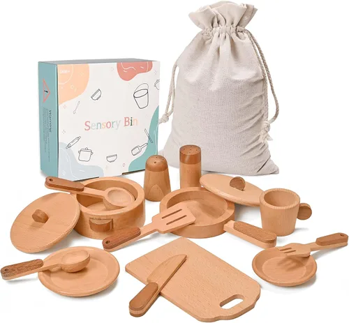 Juego de accesorios de cocina, juguetes de madera Montessori, juego de cocina para niños, platos, platos, ollas, sartenes, juego de cocina, 15