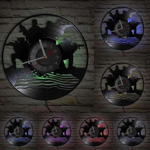 Reloj de pared militar de 12 pulgadas, diseño patriótico, 7 colores cambiantes, soldados LED con bandera estadounidense, reloj de pared, regalo