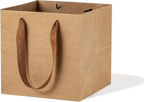 Bolsa de regalo de papel kraft pequeña con fondo cuadrado con asas (kraft natural, 4 x 4 x 4 pulgadas, 10 unidades)