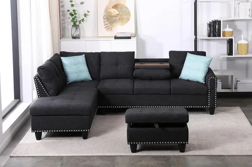 Miniatura 4 de EMKK Sofá modular de 3 piezas, juego de muebles de sala de estar, sofá esquinero tapizado de 5 plazas en forma de L, 1 diván gris oscuro