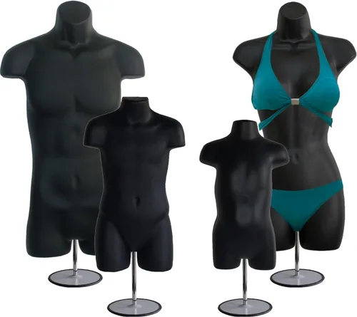 4 formas de maniquí negro con soportes de metal - Juego de maniquíes colgantes de torso largo para hombre, mujer, niño y bebé con cadera, forma de