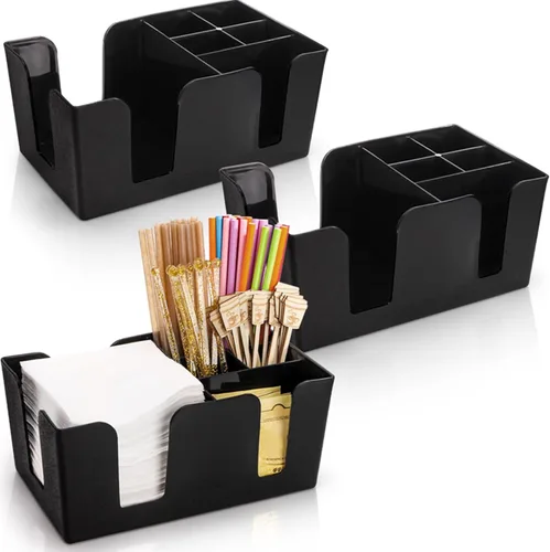 Tebery Paquete de 3 barras de plástico negro con 6 compartimentos, organizador de barra recargable para servilletas, palillos de dientes, pajitas -