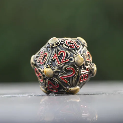 Miniatura 5 de Dados de metal D20 con diseño intrincado de pulpo, acabado antiguo y números rojos para Call of Cthulhu, RPGs-DNDWoW BZQR