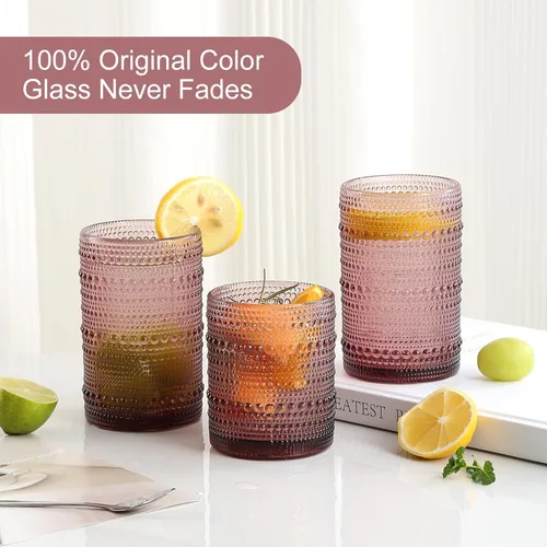 Miniatura 3 de ZMOWIPDL Juego de 12 Vasos de Cristalería Vintage para Beber, Morado 12oz y 15oz Vasos de Vidrio Hobnail con Relieve, Vaso de Agua en Relieve