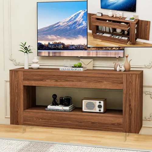 Miniatura 17 de Mueble de TV de alto brillo con 2 cajones grandes y puertas abiertas, moderno mueble de almacenamiento para consola de TV para sala de estar, Negro