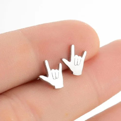 Miniatura 5 de 3 pares de aretes de acero inoxidable personalizados con símbolo de lenguaje de signos para mujeres y niñas, joyería minimalista, Metal, Sin gemas.