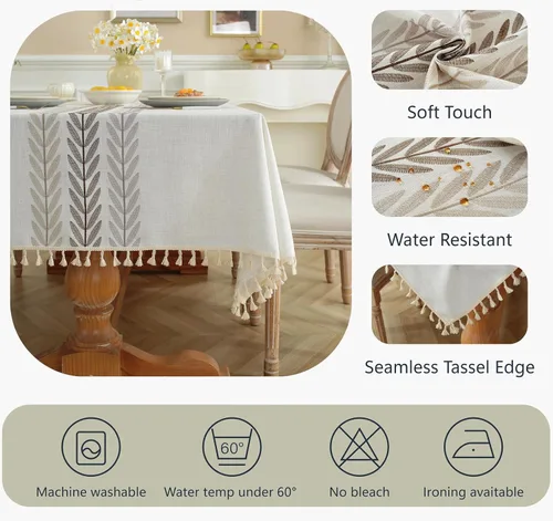 Miniatura 4 de Alsoo Mantel bordado rectangular de 55 x 90 pulgadas, mantel floral otánico de granja, impermeable, lavable, tela de lino de algodón para cocina