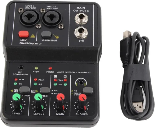 Mezclador de audio, 2 canales, mezclador estéreo de audio USB 48 V, consola de mezcla de sonido compacta para grabación de música, karaoke en casa,