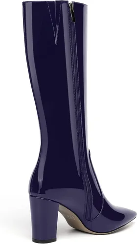 Miniatura 75 de AMBELIGHT Botas altas hasta la rodilla con cremallera y puntera puntiaguda para mujer, de patente sólida, tacón alto, 3.3 pulgadas