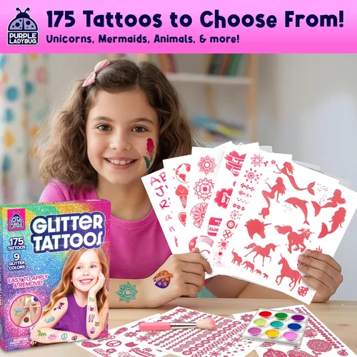Miniatura 5 de PURPLE LADYBUG Tatuajes con purpurina para niños – Kit de tatuaje con purpurina de 175 diseños, tatuajes falsos temporales para niños, divertido