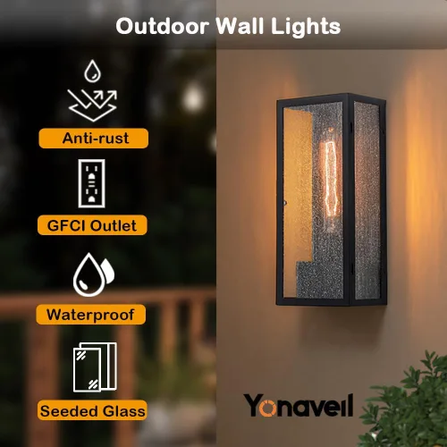Miniatura 3 de Luz de Porche con Salida GFCI, Accesorios de Iluminación Exterior en Negro Mate, Lámpara de Aluminio Impermeable para Exteriores con Vidrio