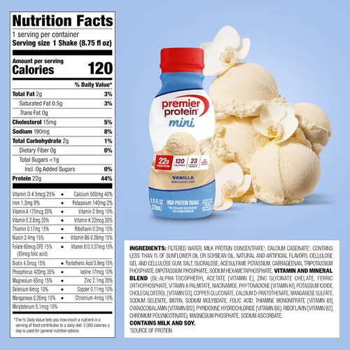 Miniatura 2 de Premier Protein Shake MINIs, vainilla, 0.78 oz de proteína, 120 calorías, sin azúcar añadida, 8.75 onzas líquidas, paquete de 12