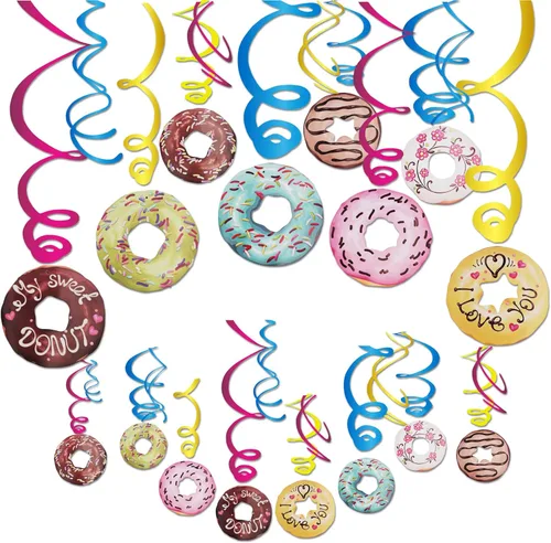 30 piezas de donas colgantes de remolino, bonita decoración de fiesta de donas, serpentinas colgantes de techo para fiesta de cumpleaños, fiesta de