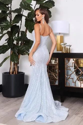 Miniatura 3 de Huaxiafan Vestidos de fiesta de sirena con lentejuelas para mujer, con tirantes delgados, vestido formal brillante, vestidos de noche