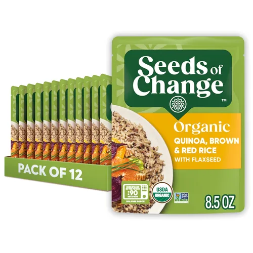SEEDS OF CHANGE Quinoa orgánica, arroz moreno y rojo con linaza, comida orgánica, 8.5 oz (bolsa de 12 unidades)