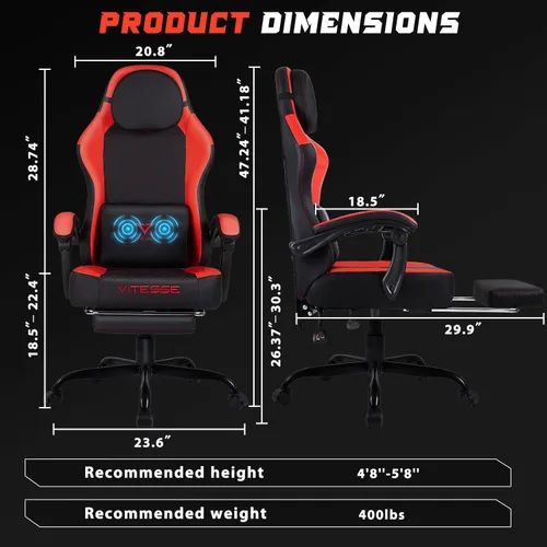 Miniatura 3 de VITESSE Silla Ergonómica de Videojuegos para Adultos, Silla de Computadora PC de 400 lbs, Silla de Oficina de Carreras, Silla Gamer Ajustable